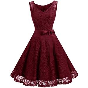 NEW Dressystar Burgundy V-Neck Bowknot Sleeveless Lace Swing Dress - Size 3XL